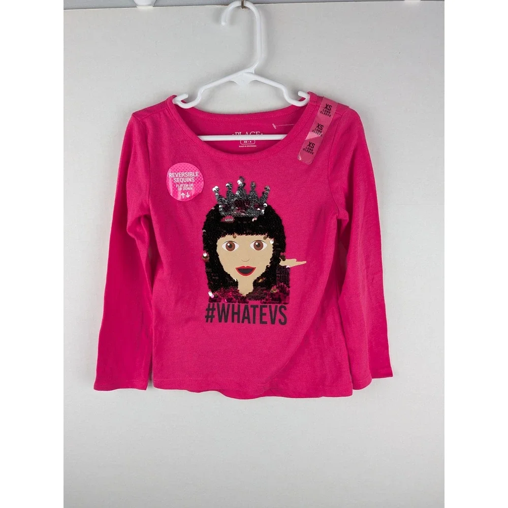 The Childs Place Girls‎ XS Pink Long Sleeve Emoji Crown Flip Sequins #WHATEVS